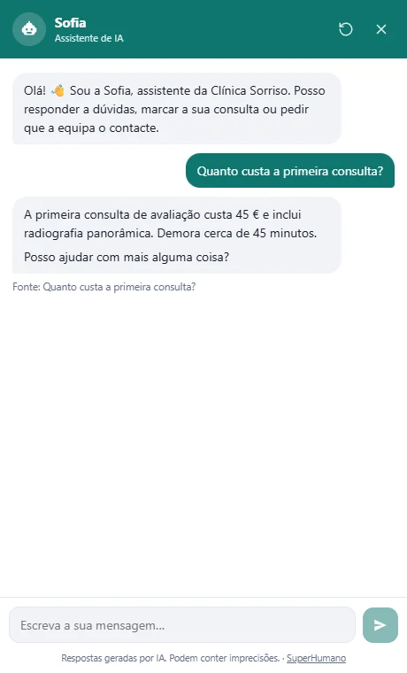 O agente responde a uma pergunta sobre preços com base na FAQ da clínica