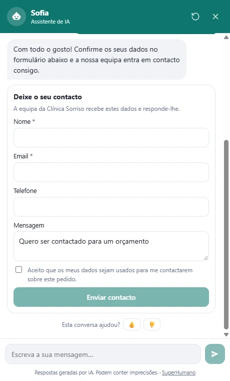 Formulário de contacto dentro da conversa, já com o pedido preenchido