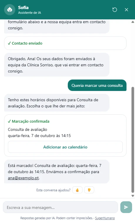 Marcação confirmada na conversa com botão para adicionar ao calendário